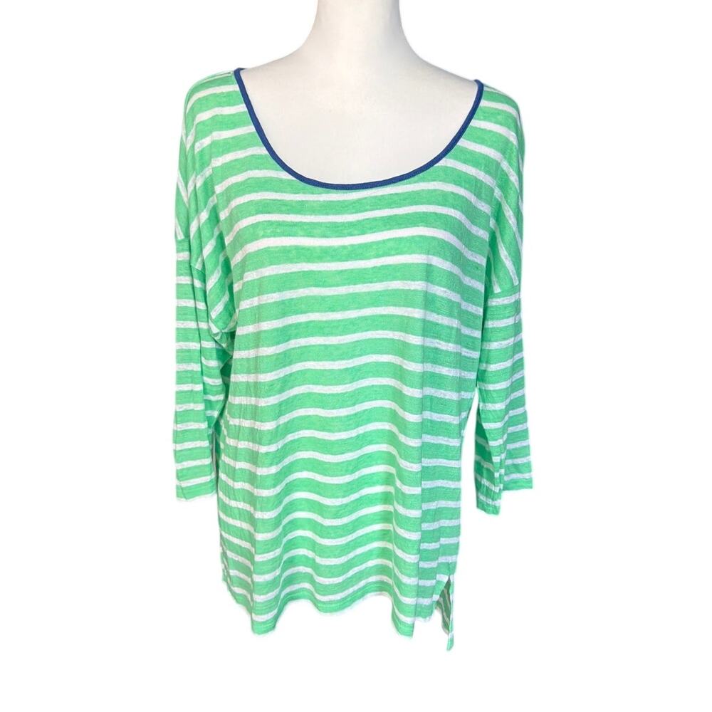 Talbot's Women's 3/4 Sleeve Top Green White Linen Large